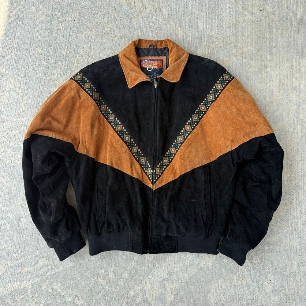 Vintage Cripple Creek Suede Aztec Western Bomber Jacket Black Tan Men's Large
